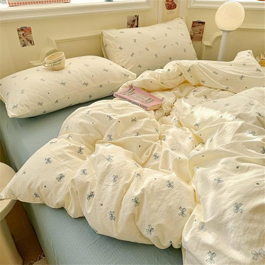 Bow Bedding Set Queen Size Blue Bowknot Duvet Cover with Heart Printed 3 Pcs Kids Boys Girls Princess Style Cute Bows Reversible Duvet Cover Set with Zipper Closure