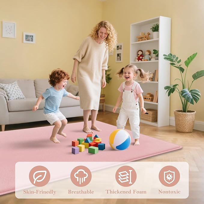 PapaMama Ultra Soft Baby Play Mat for Floor, 1.3" Thick Memory Foam 50x50 Playpen Mat with Non-Slip Backing, Coral Velvet Child Nursery Rug, Tummy Time & Crawling & Yoga Mat for Infant, Toddlers, Kids