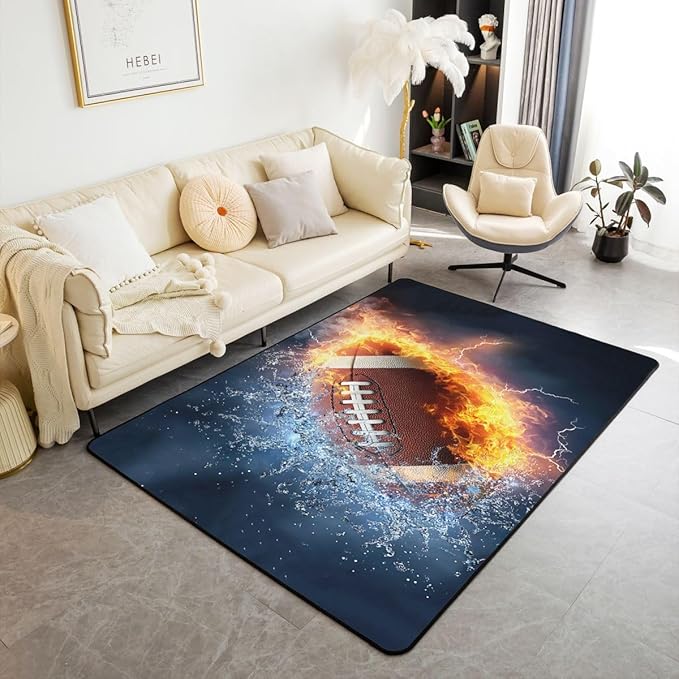 Rugby Area Rug 4x5 Decorative Carpet Mat 3D American Football Decor Extra Soft Rugs for Living Room Bedroom Room Machine Washable Sports Theme Rugs