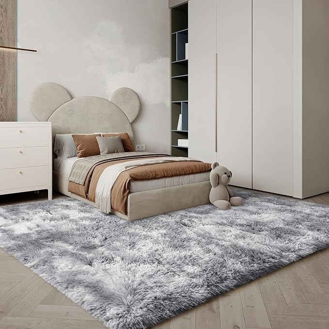 EVOIONOS Area Rug for Bedroom Living Room, Machine Washable 4x6 Fluffy Shag Rug, Soft Plush Non Slip Carpet for Indoor Floor Bedside Nursery Kids Room, Dorm, Home Decor Aesthetic, Tie-Dyed Light Grey
