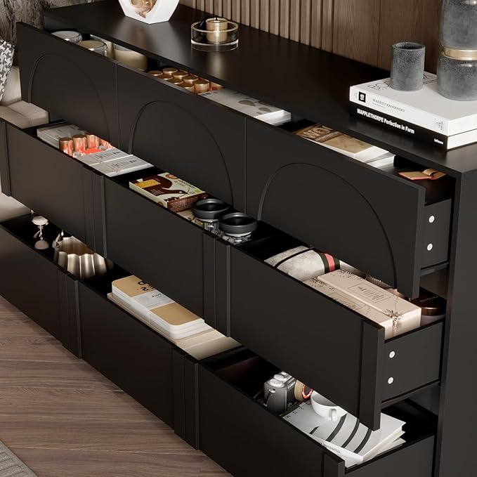 9 Drawer Dresser Chest of Drawers, Modern Black Dresser for Bedroom, 63” Wide Drawer Chest, No Handles, Arch-Shape Pattern, 9 Drawer Cabinet for Living Room, 13.8”D x 63”W x 31.5”H