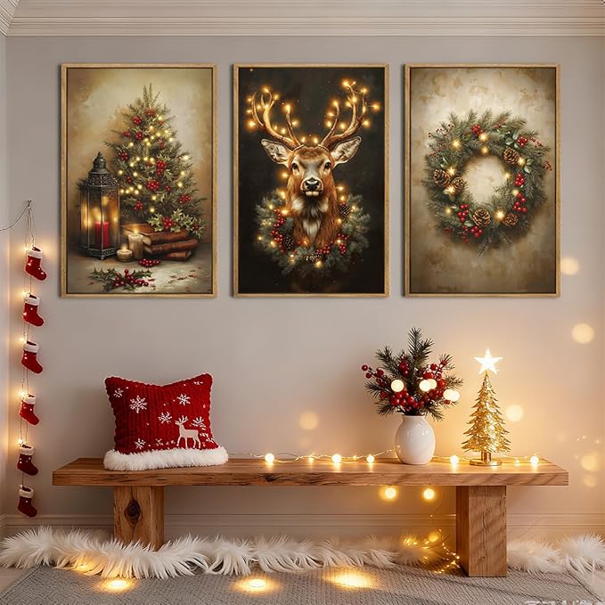 Anyzal Christmas Wall Art Winter Christmas Tree Prints Santa Elk Wall Decor for Living Room Bedroom Dining Room 16x24 Inch