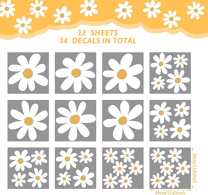 TaoBary 12 Sheets Daisy Wall Decal Flower Wall Sticker Cute Daisy Sticker Pink White Flower Decal Peel and Stick Floral Wallpaper for Nursery Bedroom Home Decor(White, Yellow,Cute Style)