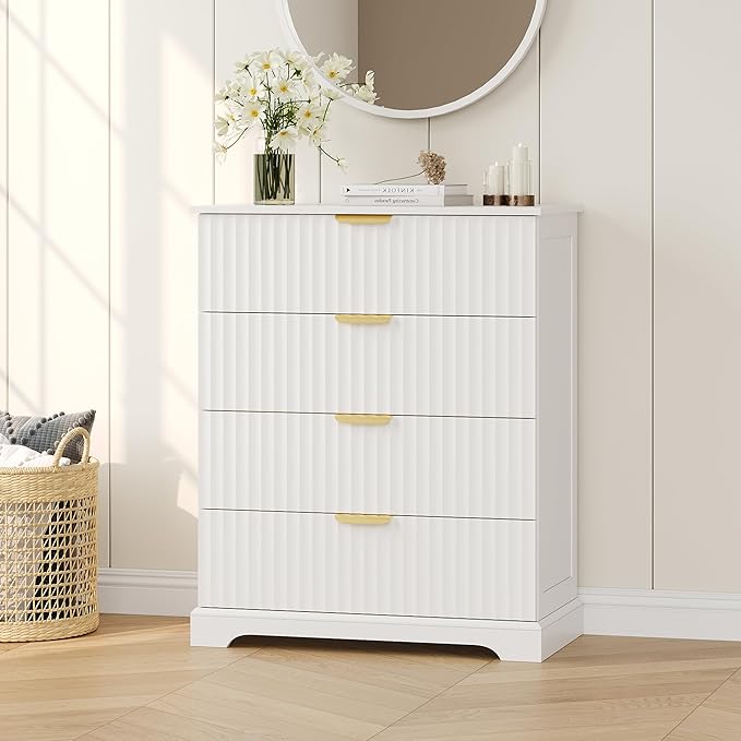 Fluted Dresser with 4 Drawers for Bedroom, 36.6" Tall Dresser with Metal Handle, Wooden Chest of Drawers for Bedroom, Living Room, Entryway, White