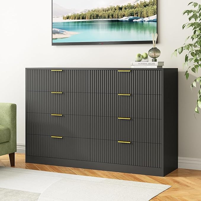 8 Drawer Dresser for Bedroom, Modern Fluted Double Dresser, 55" Wide Chest of Dressers, Wooden Beside Table for Closet, Living Room and Entryway, Black