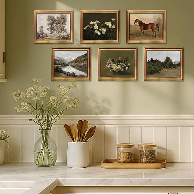 Mynotix Vintage Poster Set of 6, Rustic Eclectic Wall Art, Horse Floral Wall Decor Botanical Mountain Range Canvas Paintings Prints Artwork for Living Room Bedroom Farmhouse 12x16 inch Unframed