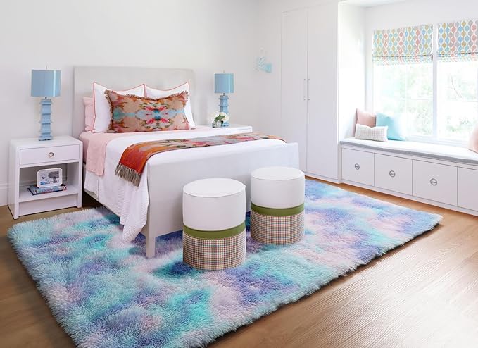 ONASAR Fluffy Area Rugs for Girls Bedroom, 4x6 Purple Rainbow Washable Bedside Rug, Indoor Cute Ultra Soft Plush Shag Floor Carpets for Nursery Kids Teen Girl Dorm Princess Room Playroom Home Decor