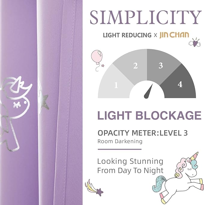 jinchan Purple Blackout Unicorn Curtains for Girls Kids Room Thermal Insulated Room Darkening Rainbow Curtains for Girls Bedroom Silver Foil Printed Grommet 84 Inches Long Purple Lilac 2 Panels