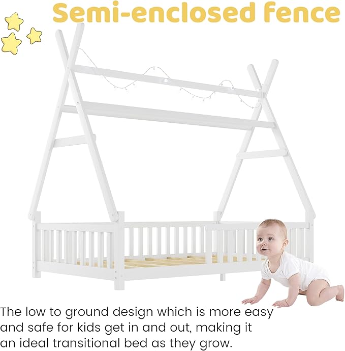 Twin House Bed with Light,Wood Twin Montessori FloorBed with Rails & Roof,Teepee Bed for Kids Boys Girls,with Slats Support,No Box Spring Needed, White