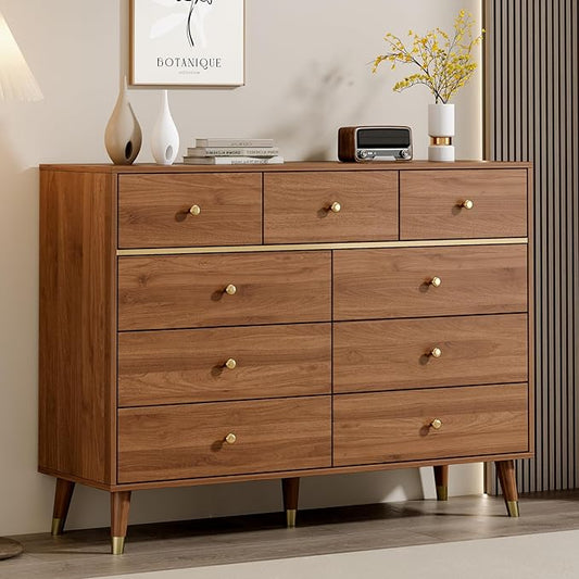 9 Drawers Dresser for Bedroom,35.4" Tall Wood Rustic Modern Chest of Drawers with Natural Texture,with Anti-Tipping Device, Storage Dressers Organizer for Bedroom, Living Room,Chestnut