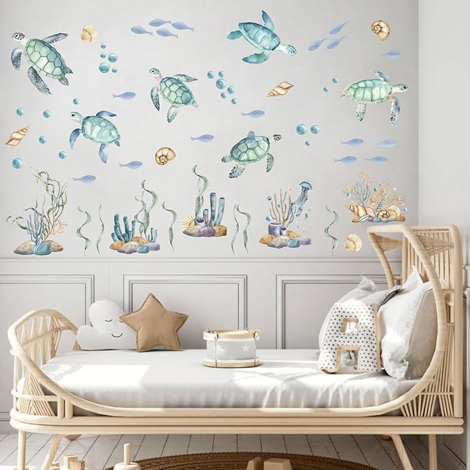 Watercolor Sea Turtle Wall Stickers, Sea Turtles Seaweed Coral Bubbles Vinyl Wall Decals, Removable Under The Sea Themed DIY Wall Art for Kids Bedroom Playroom Toddler Room Bathroom Decor