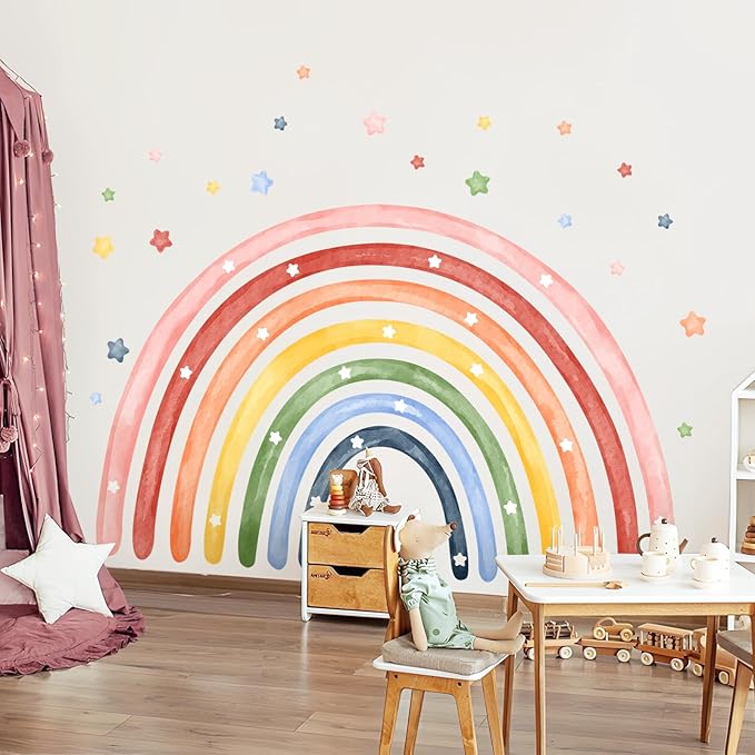 Tanlaby 77" X 47" Large Rainbow Wall Stickers Watercolor Stars Wall Decals Peel and Stick Giant Art Decor for Baby Nursery Girls Bedroom Kids Playroom Daycare Classroom