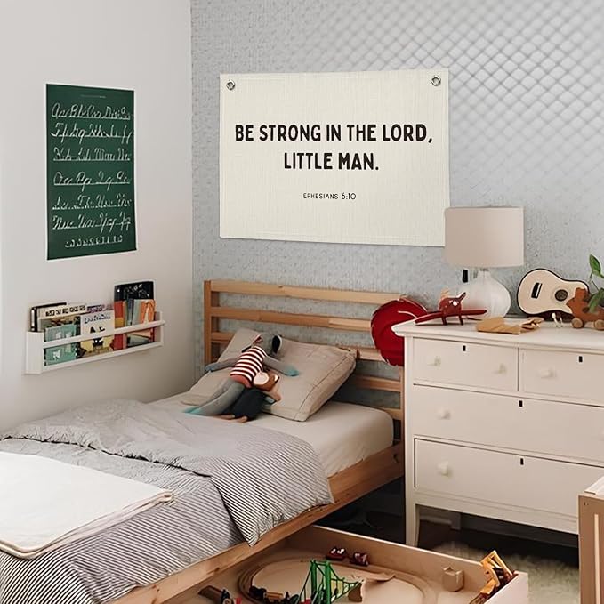 Christian Nursery Wall Art - Ephesians 6:10 Scripture Linen Banner Be Strong in the Lord Little Man - Bible Decor for Boys Bedroom, Playroom & Church Classroom 20x30 Inch