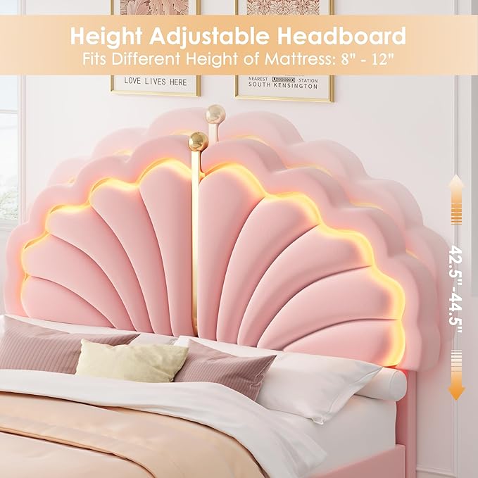 Keyluv Queen Princess Bed Frame with Storage Drawers, Soft Velvet Upholstered LED Platform Bed with Adjustable Modern Shell Headboard, No Box Spring Needed, Noise-Free, Pink