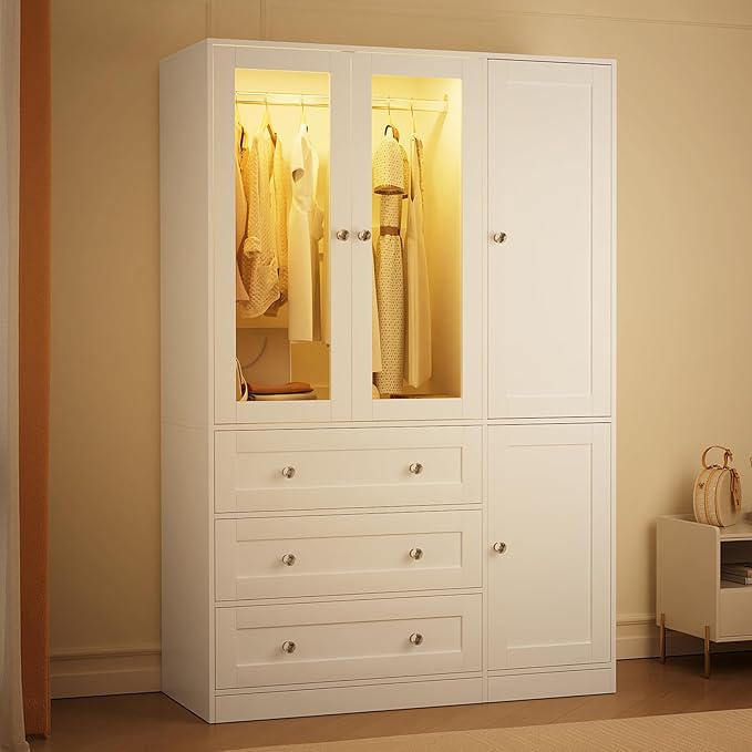 VOWNER 75" Tall Armoire Wardrobe Closet with Drawers and LED Lights, Clothing Storage Cabinet with Glass Doors & Hanging Rod, 4 Doors Wooden Armoire Storage Cabinet for Bedroom(White)