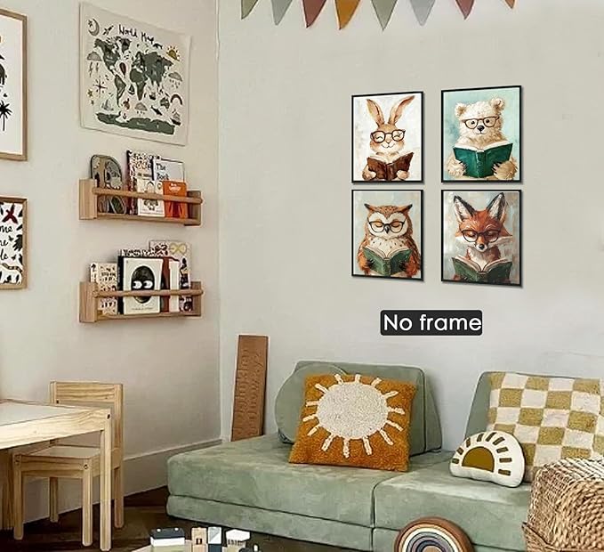 ShowDraven Woodland Nursery Animals Decor Wall Art Prints Poster, Baby Nursery Room Bedroom Bathroom Playroom Wall Art Decor for Nursery Kids Girls Gifts, Classroom Wall Decor, 8x10 Inch Unframed