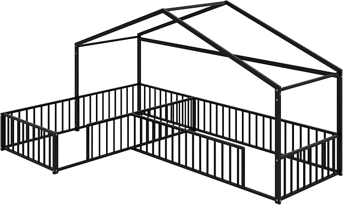 SOFTSEA Twin Size L-Shaped House Floor Bed, Metal Montessori Bed Frame with Fence Guardrails, Double Twin Corner House Bed for 2 Kids, No Slats, Easy Assembly, Black
