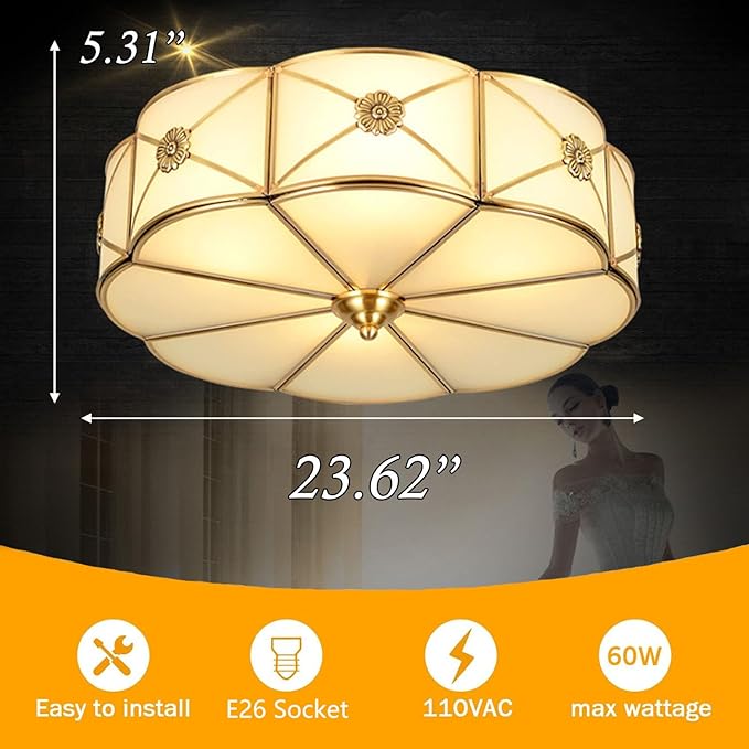 MIXL- Mid Century Brass Flush Mount Ceiling Light, 6-Light LED Brass and Glass Ceiling Lamp, Frosted Glass Shade Modern Light, Close to Ceiling Light Decorative for Bedroom Living Room(23.62" W)