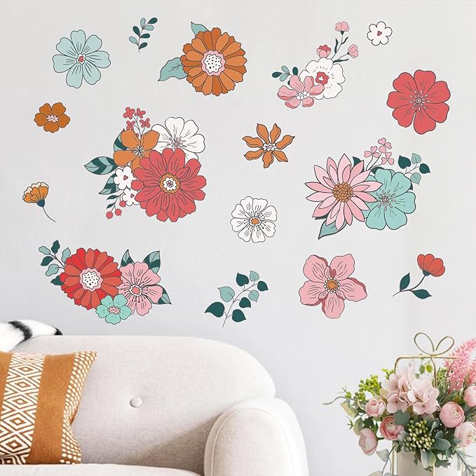 Yovkky Boho Vintage Groovy Flower Wall Decals Stickers, Bohemian Retro Floral Daisy Hippie Home Bedroom Decor, Hippy Wildflower Butterfly Living Room Kitchen Decorations Art