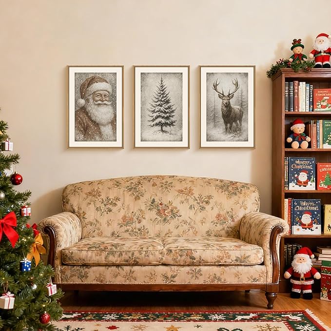 HLNIUC Large Vintage Christmas Framed Wall Art Set of 3, Santa Claus Reindeer Decor, Snowy Xmas Pine Tree Neutral Canvas Art(24x36), Farmhouse Rustic Sketch Prints for Living Room, Bedroom, Office