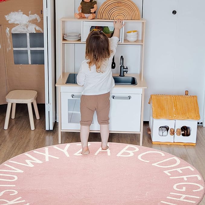 Topotdor Round Kids Play Rug Alphabet Nursery Area Rug Extra Large Soft Crawling Play Mat for Children Toddlers Bedroom (71 inch, Pink)