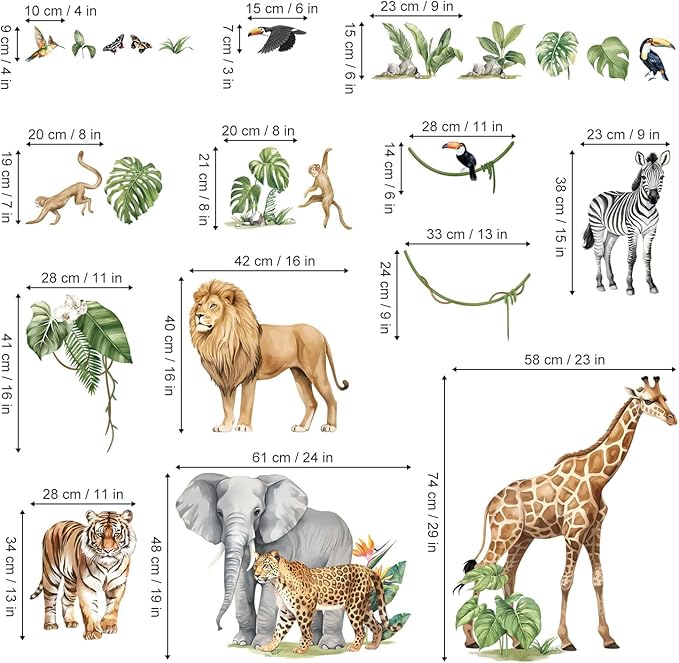 decalmile Large Animals Safari Elephant Giraffe Wall Decals Jungle Animals Lion Leopard Zebra Wall Stickers Baby Nursery Kids Room Wall Decor(XXL)
