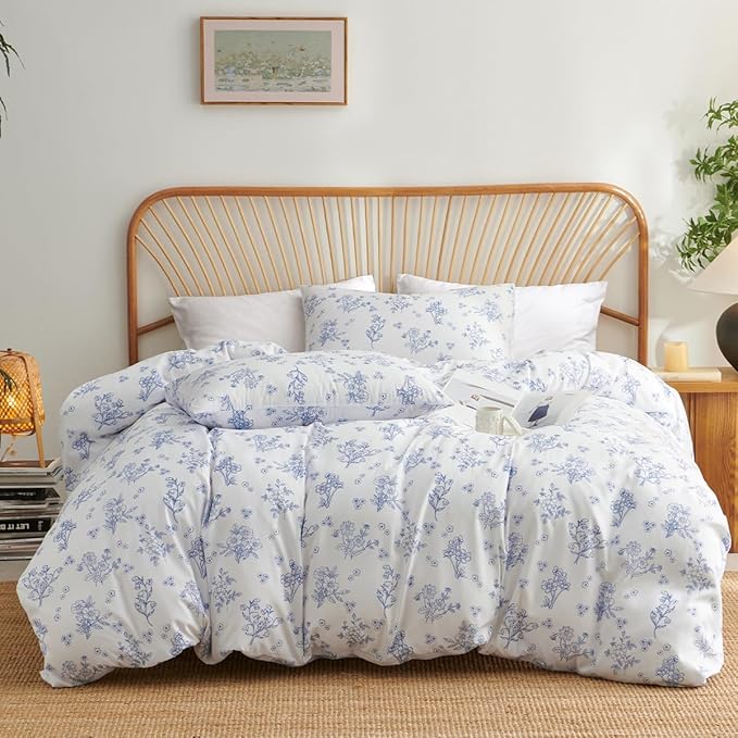 Blue Floral Duvet Cover Queen Cornflower Blue Botanical Flower Bedding Set Reversible Garden Coquette Bedding Girls Soft Microfiber 3Pcs Zipper Closure（No Comforter）
