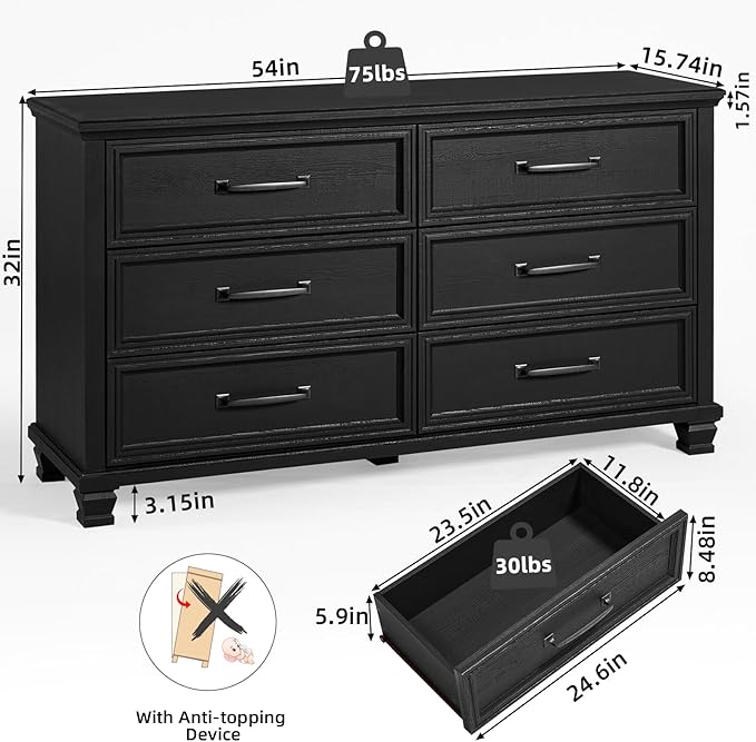 Farmhouse 6 Drawer Dresser for Bedroom, 54 inch Wide Rustic Vintage Chest of Drawers with Square Solid Wood Legs, Large TV Stand for Living Room, Wooden Storage Dressers for Hallway, Black