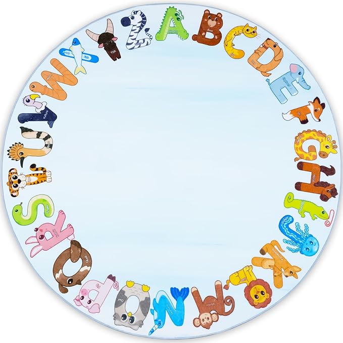 Kids Rugs for Playroom, 4'x4' Round Educational Rug for Learn The ABC Alphabet, Soft Machine Washable Non-Slip Cute Animal Carpet for Classroom Toddler Nursery Kids Room Decor Mat, Blue