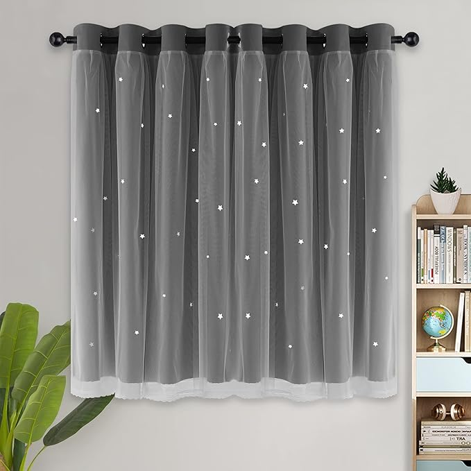 Kinryb Blackout Curtains for Girl Bedroom/Living Room/Classroom, Sheer Overlay Small 2 Panel Set, Double Layer Curtains with Star Cutout for Kids Room(W 52 x L 45 Inches,Grey 2 Pcs)