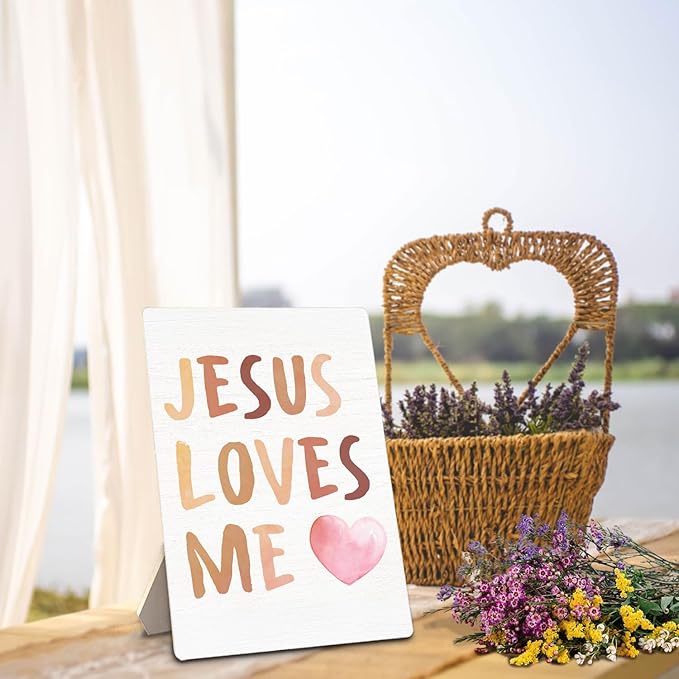 Baby Girl Boy Nursery Decor, Jesus Loves Me Boho Christian Nursery Wooden Stand Sign 5x7 Inch, Religious Bible Verse Decorations Signs for Toddler Girls Boys Room Desk Table Decor
