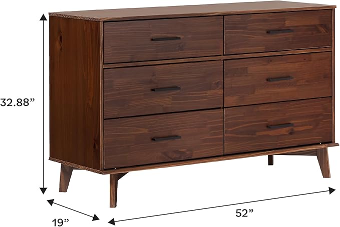 Walker Edison Sloane 6-Drawer Solid Wood Dresser with Metal Handles, 52 Inch, Walnut
