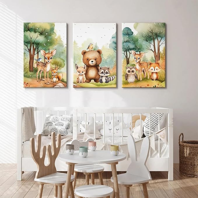 3Pcs Woodland Animal Nursery Wall Art Forest Animal Wall Decor Cute Watercolor Deer Bear Fox Poster Canvas Prints Paintings Pictures Artwork for Kids Baby Bedroom Decor Canvas 12X16in