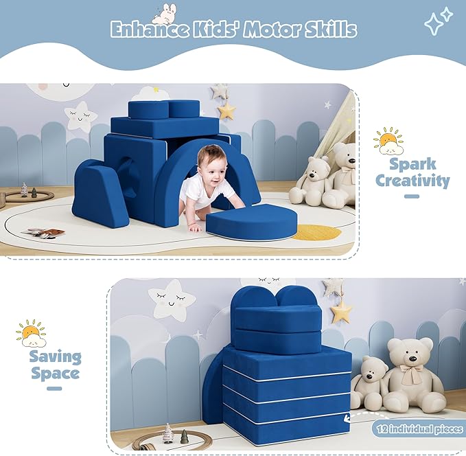 12 PCS Modular Kids Play Block Couch Child Sectional Sofa Toddler Building Fortplay Bedroom Playroom Baby Convertible Floor Foam Cushion for Boys & Girls (Blue-Double)