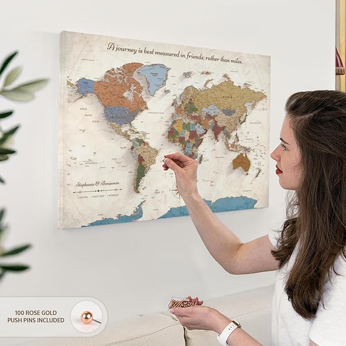 ElephantStock - Personalized Journey V Push Pin World Map Wall Art - Horizontal Canvas Wall Art - Living Room Wall Decor - Digital Art Map Canvas Art - Beige And Orange Decor - 30" x 20"