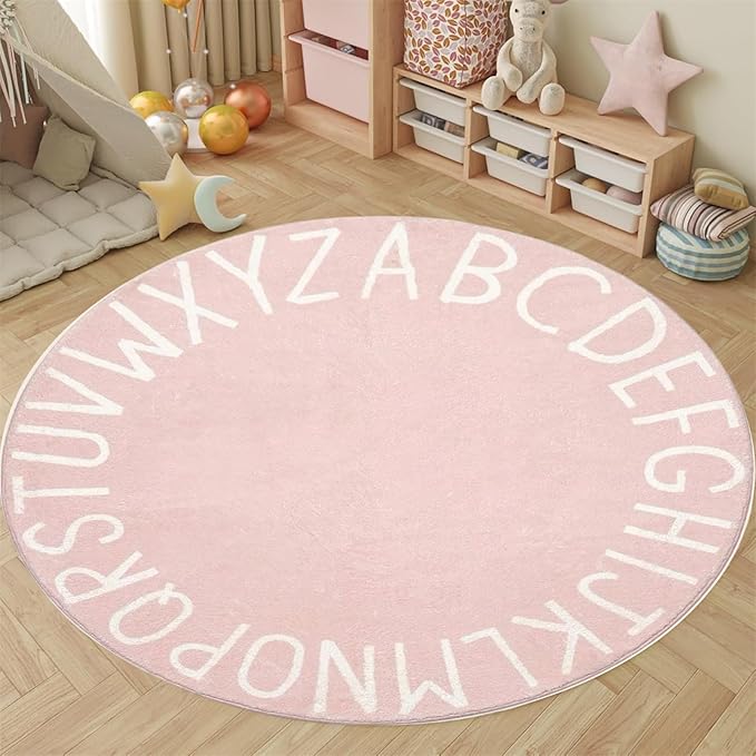 Round ABC Rug-8ft Children Education and Learning Fun Carpet, Alphabet Baby Crawling Mat,Fluffy and Comfortable Plush Floor Cushion Pink Sofa Cushion, for Playroom Classroom Decoration