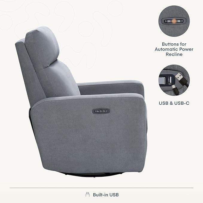 Nurture& The Glider Plus - Premium Nursery Power Recliner | Swivel Chair with Adjustable Head Support and Adjustable Lumbar Support | Built-in USB - The Ultimate Comfort for Nursing, Relaxing (Gray)