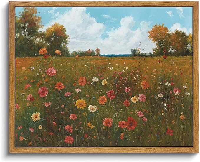 OIQArtOIQ Vintage Landscape Framed Wall Art Fall Countryside Colorful Wildflower Field Canvas Art Prints Farmhouse Cottagecore Pictures Wall Decor Rustic Meadow Paintings Artwork For Kitchen Bedroom