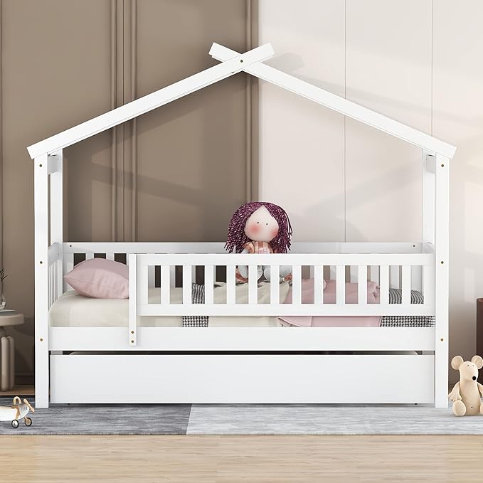 Merax Twin Size Wooden House Bed with Twin Size Trundle, Wood Bed Frame with Roof and Safety Guardrail for Kids, Teens, Boys or Girls, White
