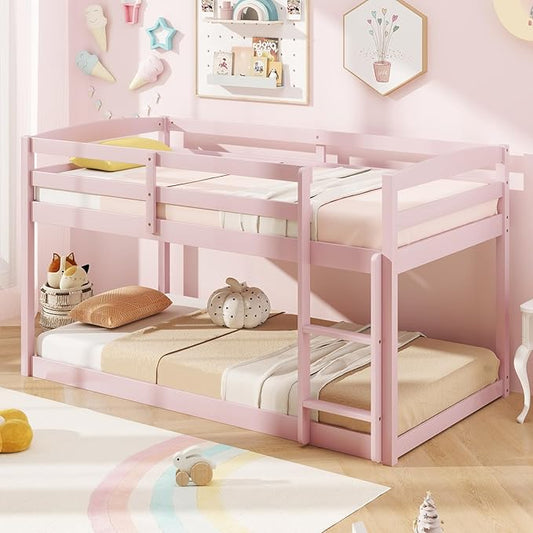 KOMFOTT Low Bunk Bed Twin Over Twin, Solid Wood Twin Bed Frame with Built-in Ladder & Safety Guardrails, Space-Saving Low Bunk Bed for Kids, Teens, No Box Spring Needed
