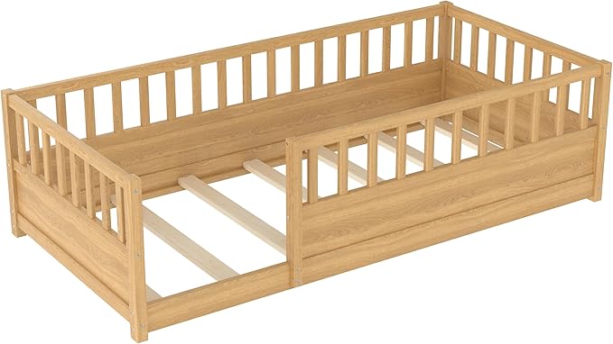 Bellemave Kids Montessori Floor Bed,Twin Size Floor Bed with High Fence and Door,Twin Bed Frame with Guardrails for Kids,Girls,Boys,Twin,Natural