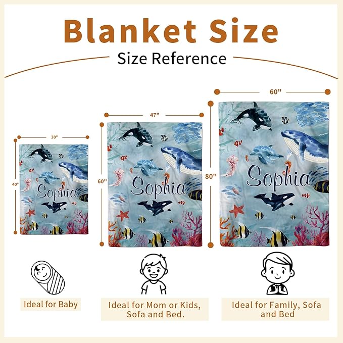 Custom Baby Blanket - Ocean Animals Theme Personalized Name Blanket for Boys Girls, Soft Infant Toddler Blanket with Whale and Dolphin, Customizable Nursery Bedding (47" x60)