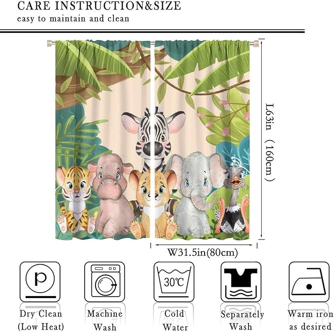 Animals Curtains Colorful Forest Cartoon Cute Zebra Tiger Elephant for Kids Boys Girls Nursery Bedroom Living Room Blackout Rod Pocket Decoration Window Drapes 2 Panels W31.5xL63in