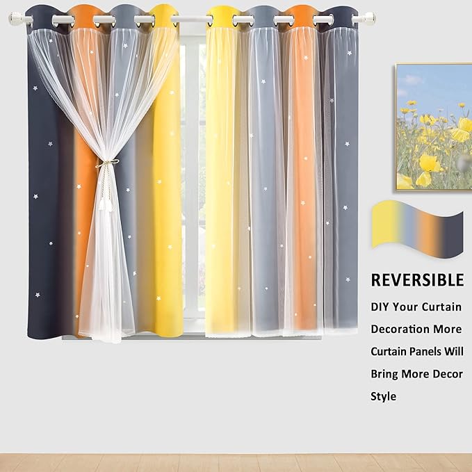 Kinryb Nursery/Kids/Girls Room Star Cut Out Blackout Rainbow Curtain with Sheer Overlay 2 Panels, Each 52 inch Wide,63 inch Length with White Gauze,Ombre Stripe Rainbow Curtains (2 Panels,52x63 Inch)