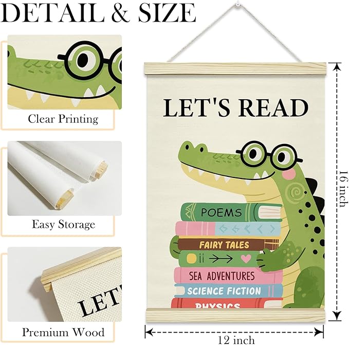 TRKAE Let’s Read Canvas Poster Hanger Frame, Crocodile Animals Learning Wall Art for Kids, Reading Wall Decor for Classroom Nursery Playroom Bedroom -035