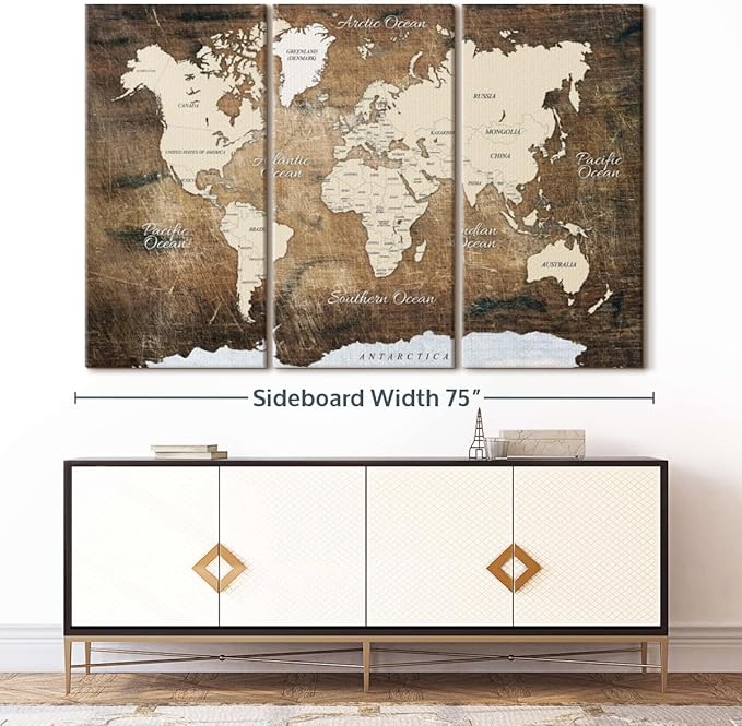 ElephantStock Aged Brown World Map I Wall Art - 3 Piece Canvas World Map Wall Decor - Ready-to-Hang Canvas Print - Vintage Wall Art - 74" X 48"