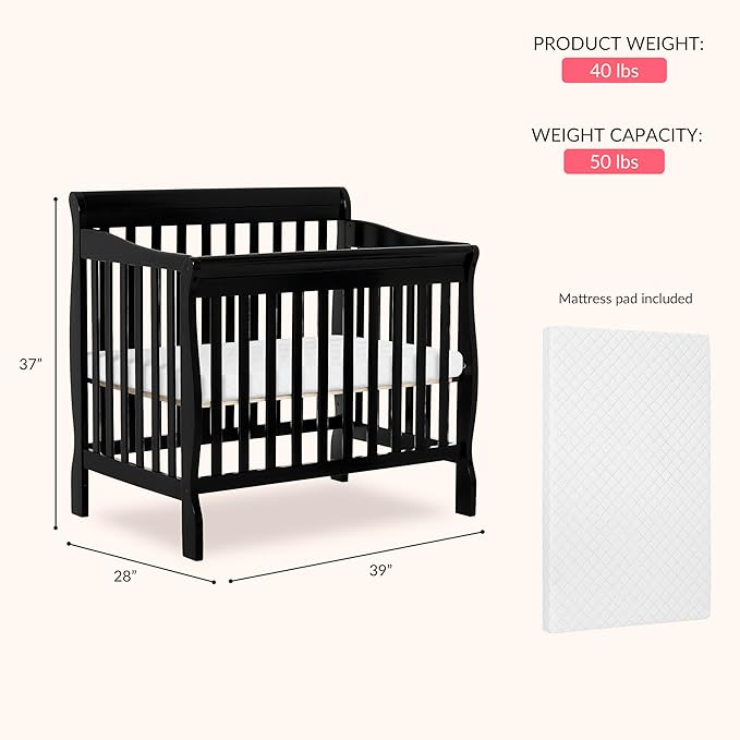 Dream On Me Aden 4-in-1 Convertible Mini Baby Crib in Black, GreenGuard Gold & JPMA, Sustainable Pinewood, Non-Toxic Finish, 3 Mattress Heights, Converts to Mini Day & Twin-Size Bed