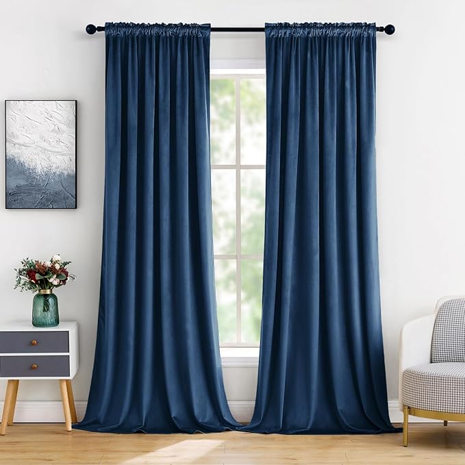 MIULEE Velvet Blackout Curtains Navy Blue Thermal Insulated Drapes for Bedroom Living Room Darkening 96 Inches Long Curtains Panels Rod Pocket Set of 2