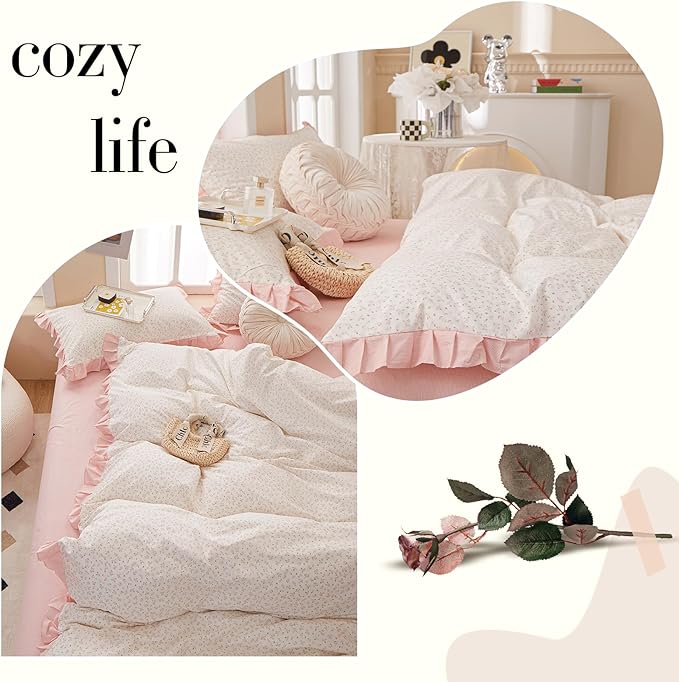 Pink Floral Duvet Cover Full 100% Cotton Ruffle Duvet Cover Girls Princess Lace Bedding Set Botanical Flower Comforter Cover with Zipper Closure Vintage Country Bedding Cottagecore Duvet Cover Set