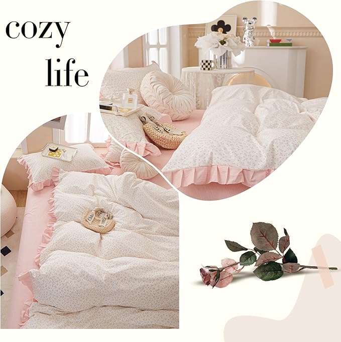 Pink Floral Duvet Cover Queen Chic Flower Print Ruffle Duvet Cover Cotton Lace Comforter Cover Country Style Floral Bedding Set Girls Ruffle Comforter Cover Flower Queen Duvet Cover with 2 Pillowcases